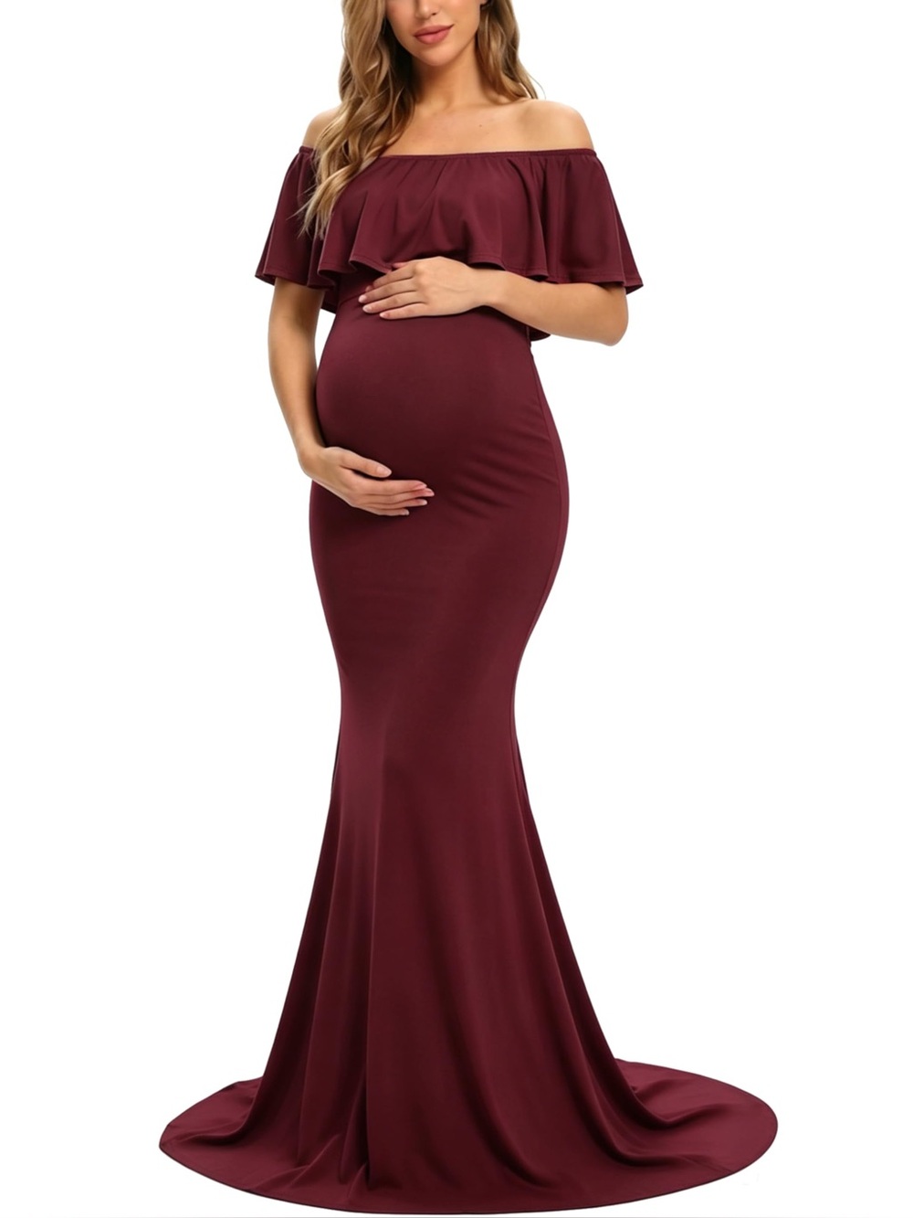 NWOT Burgundy Off Shoulder Maternity Mermaid Maxi Dress Size L Baby Shower